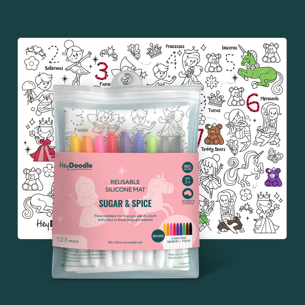 HeyDoodle Sugar and Spice 123 Series colouring mat with packaging, carry pouch, and markers displayed.