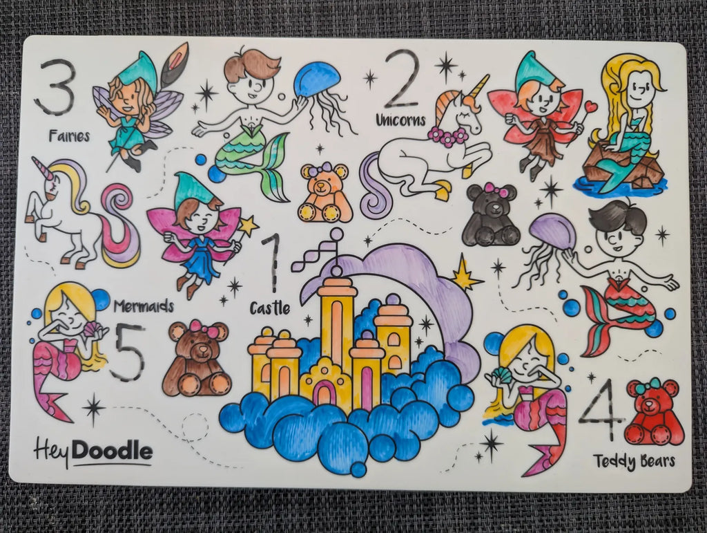 Completed Sugar & Spice HeyDoodle mini mat with bright colours, unicorns, and fairy illustrations on display.