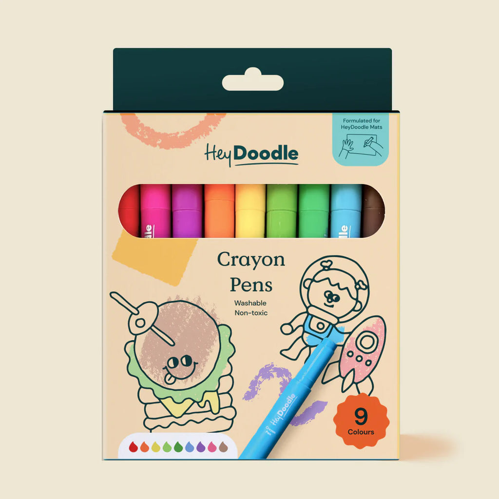 Front view of HeyDoodle Washable Crayon Pens in retail packaging, showing nine vibrant colours and playful illustrations on the eco-friendly box.