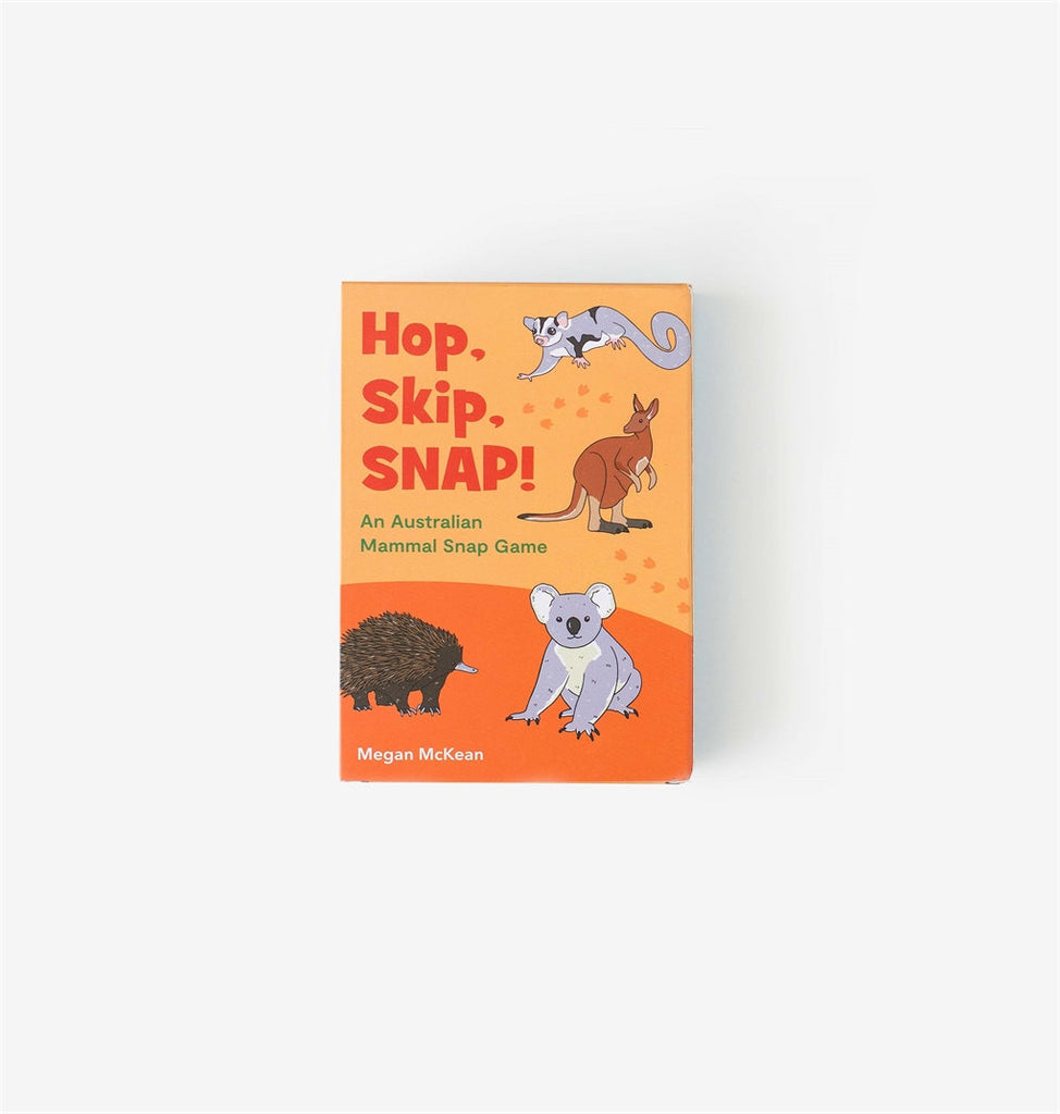 Hop, Skip, SNAP! card game featuring 13 native Australian mammals, including the tiger quoll, koala, and Tasmanian devil, with bold designs and large cards for little hands.