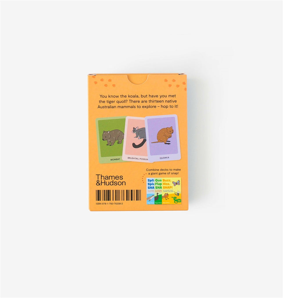 Hop, Skip, SNAP! card game featuring 13 native Australian mammals, including the tiger quoll, koala, and Tasmanian devil, with bold designs and large cards for little hands.