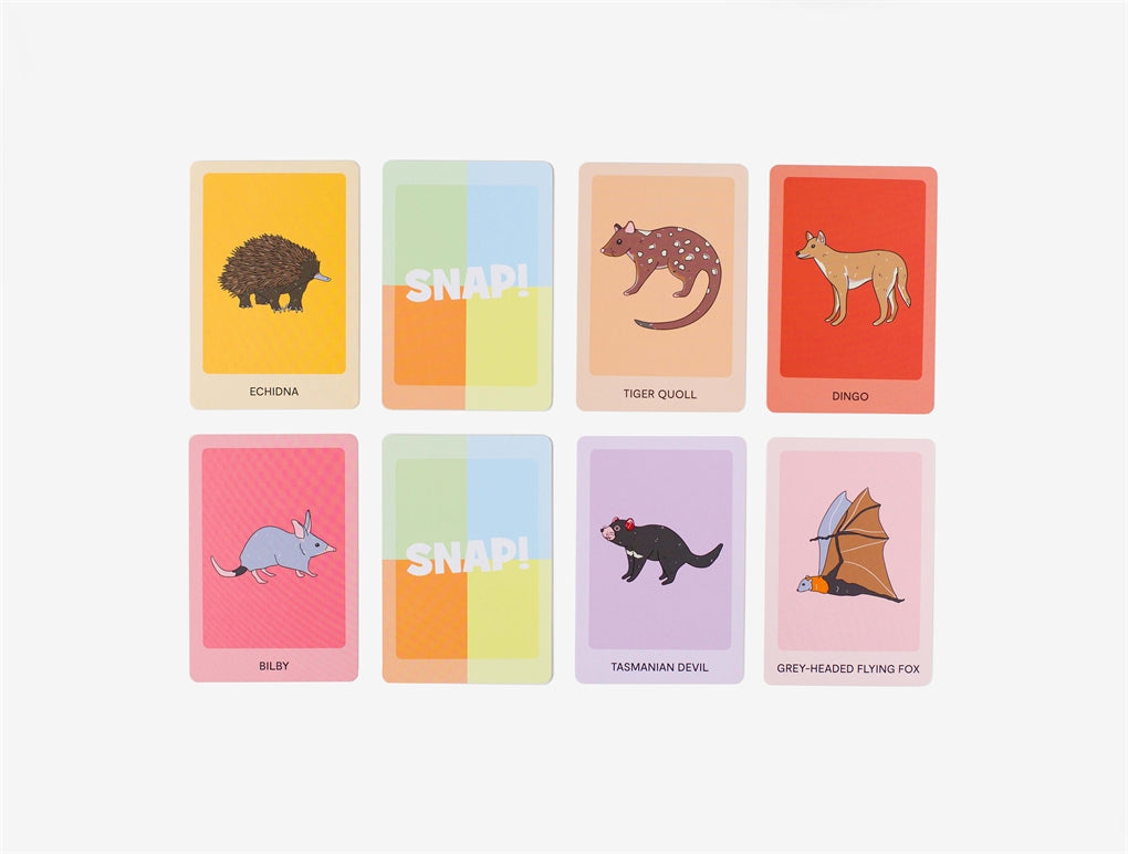 Hop, Skip, SNAP! card game featuring 13 native Australian mammals, including the tiger quoll, koala, and Tasmanian devil, with bold designs and large cards for little hands.