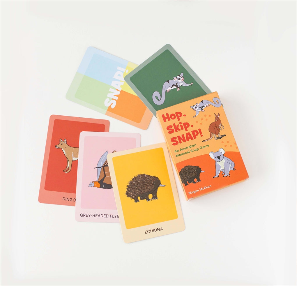 Hop, Skip, SNAP! card game featuring 13 native Australian mammals, including the tiger quoll, koala, and Tasmanian devil, with bold designs and large cards for little hands.