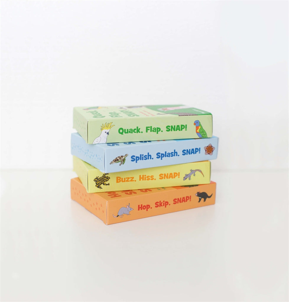 Hop, Skip, SNAP! card game featuring 13 native Australian mammals, including the tiger quoll, koala, and Tasmanian devil, with bold designs and large cards for little hands.