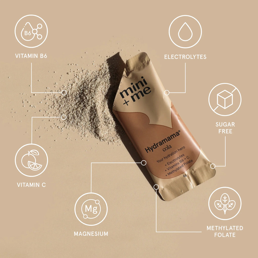 Hydramama Cola - Hydration Electrolyte Drink for Pregnancy & Postpartum - Opened sachet with contentsw spilling with nutritional benefits displayed.