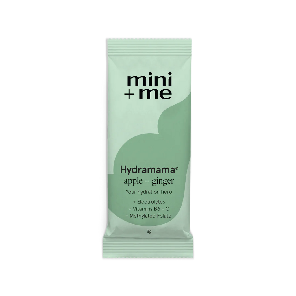 Close-up of a single Hydramama Apple & Ginger sachet standing upright on a plain background, showcasing the individual serving size.