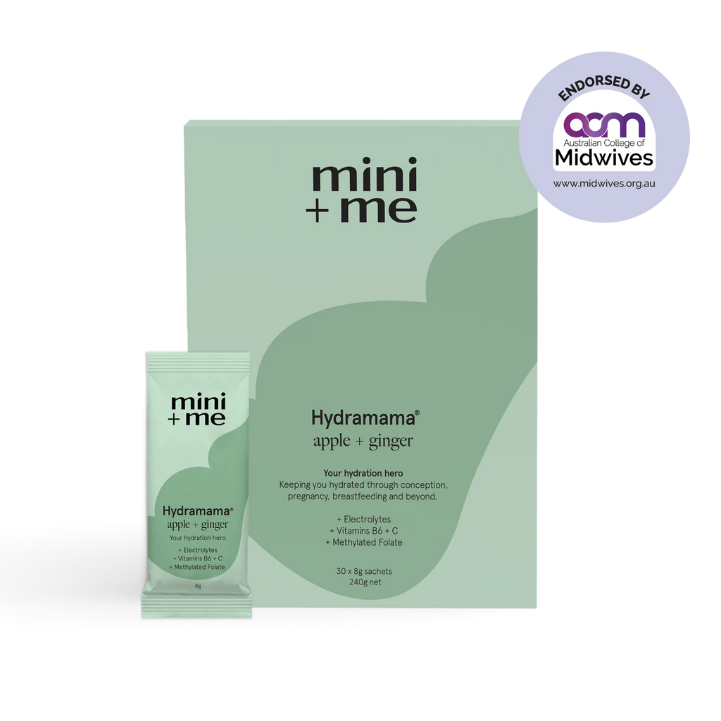 Hydramama Apple & Ginger 30-pack box with a single sachet displayed in front, featuring clean minimalist packaging and the Australian College of Midwives endorsement badge.