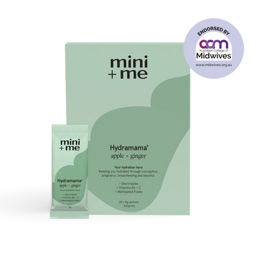 Hydramama Apple & Ginger 30-pack box with a single sachet displayed in front, featuring clean minimalist packaging and the Australian College of Midwives endorsement badge.