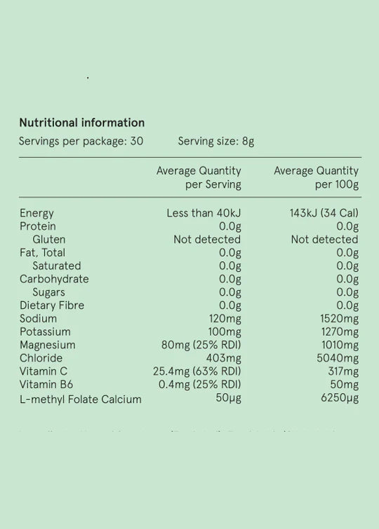 Nutritional information panel for Hydramama Apple & Ginger, detailing vitamins, minerals, and serving size per sachet.