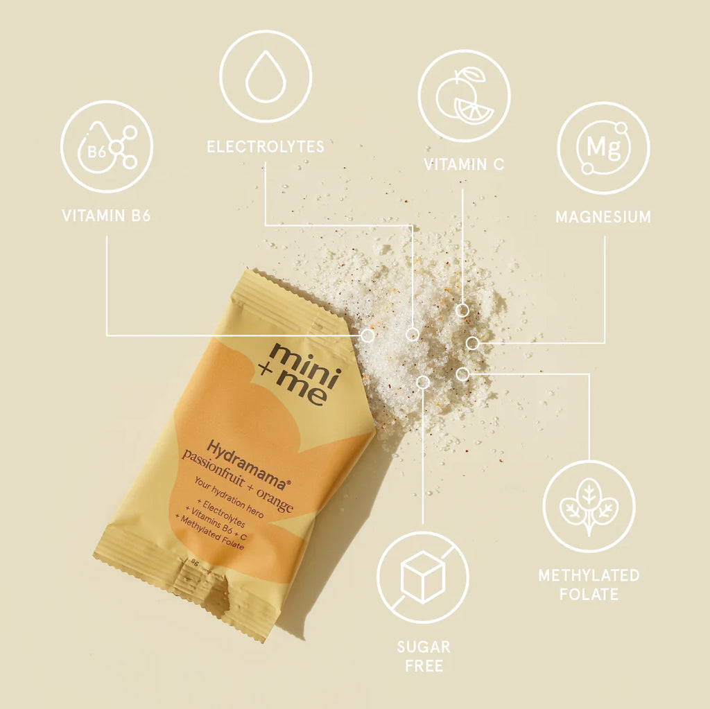 Hydramama Passionfruit & Orange Hydration Electrolyte Drink for Pregnancy & Postpartum - Sachet pictured open with nutritional benefits displayed
