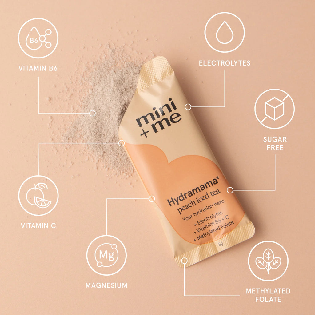 Hydramama Peach Iced Tea Hydration Electrolyte Drink for Pregnancy & Postpartum - Sachet with nutritional benefits displayed