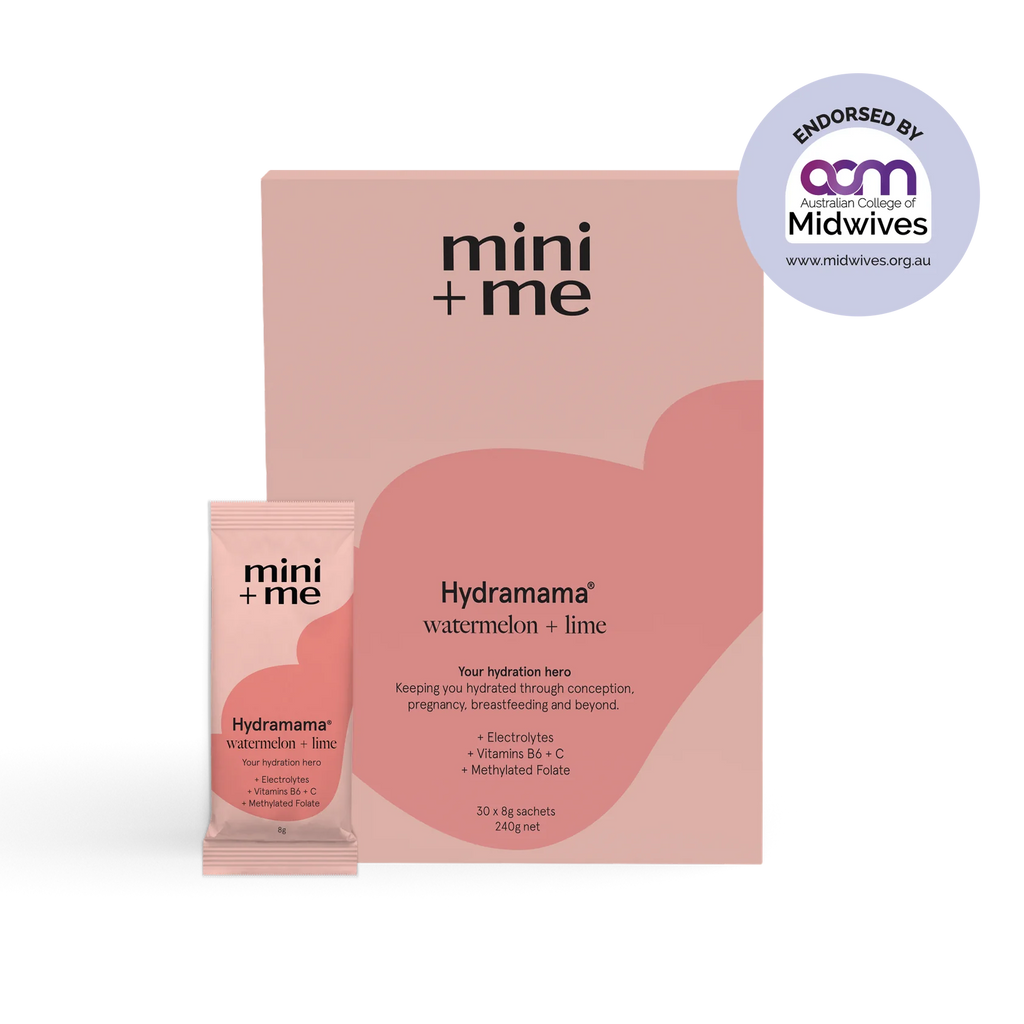 Mini + Me Hydramama Watermelon & Lime 30-pack box with sachet, endorsed by the Australian College of Midwives.