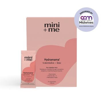 Mini + Me Hydramama Watermelon & Lime 30-pack box with sachet, endorsed by the Australian College of Midwives.