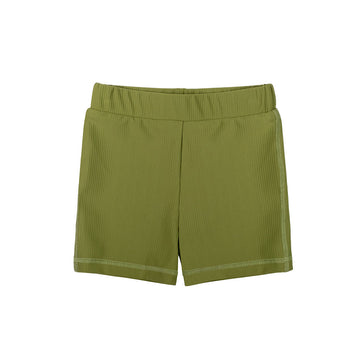 Unisex boy-leg swim shorts in avocado green with a ribbed texture, beige lining, and UPF 50+ protection. Stylish and practical for sunny adventures, designed in Australia.