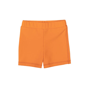 Unisex boy-leg swim shorts in vibrant tangerine with a ribbed texture, beige lining, and UPF 50+ protection. Perfect for sunny beach or pool adventures.