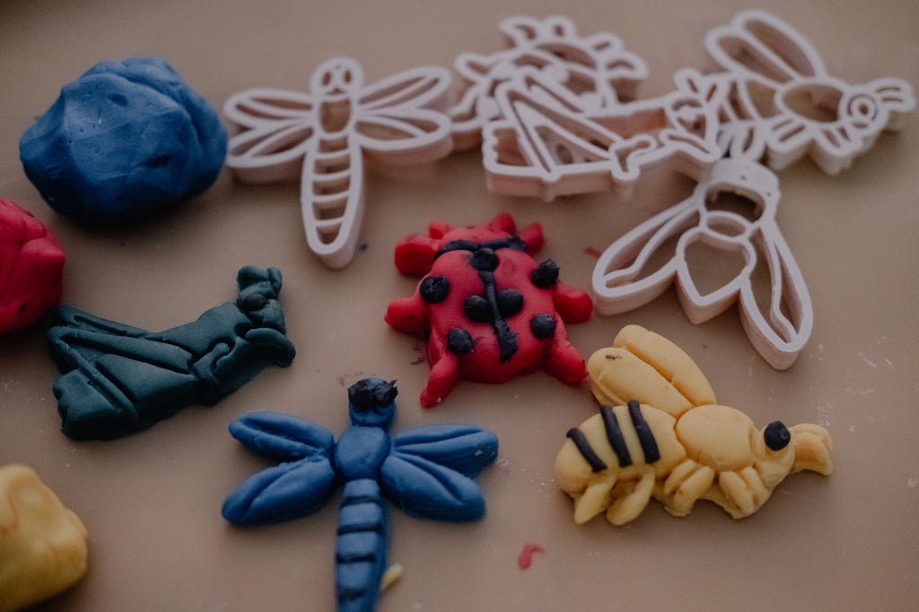 Kinfolk Pantry insect cutters arranged on wood with matching bug outlines stamped in dough.