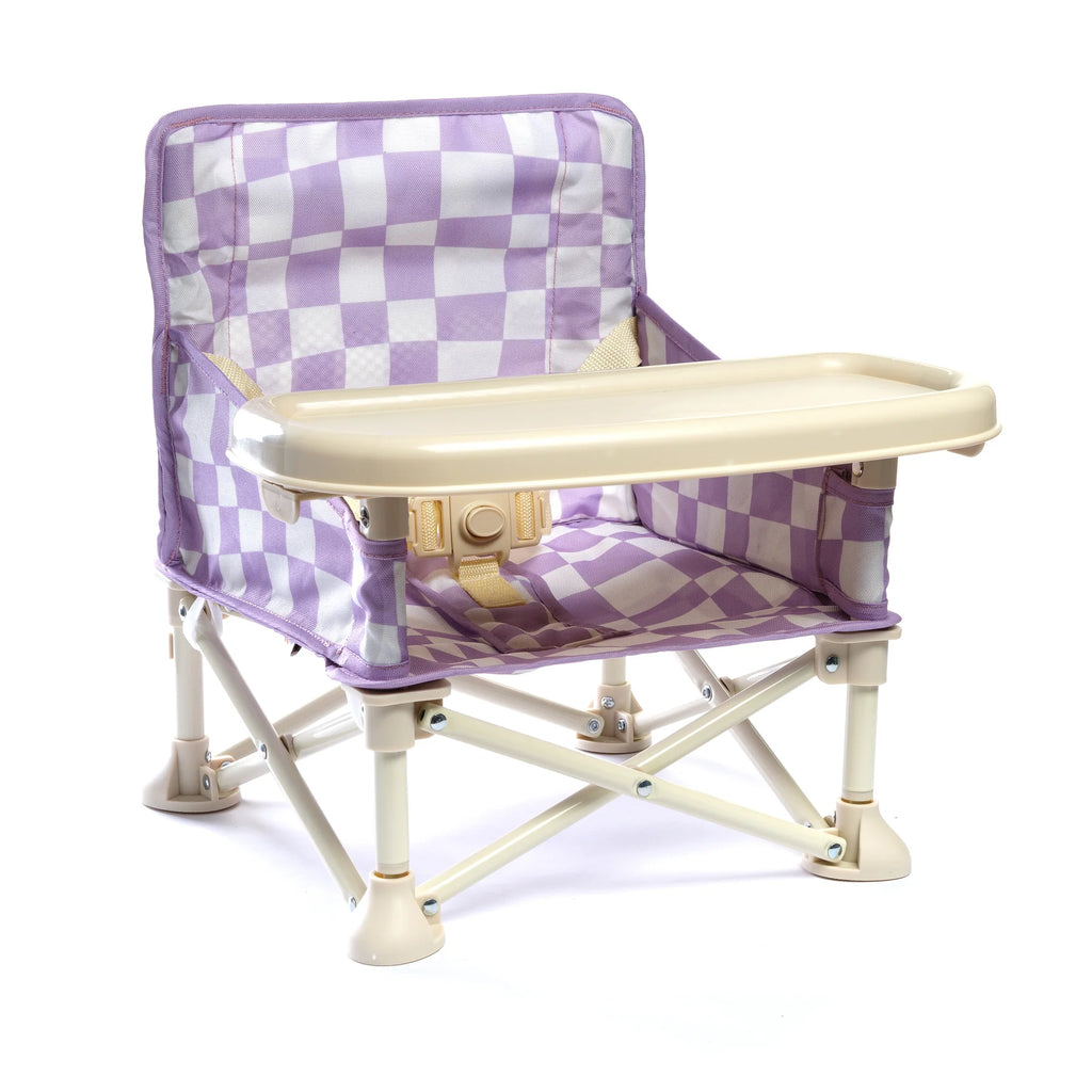 Izimini Ava Baby Chair in lilac and white check pattern with detachable tray