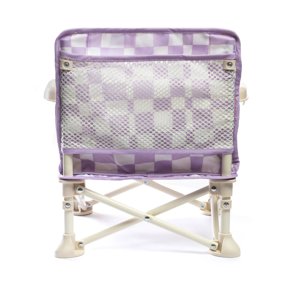 Back view of the Izimini Ava Baby Chair showing mesh storage pocket and foldable frame.