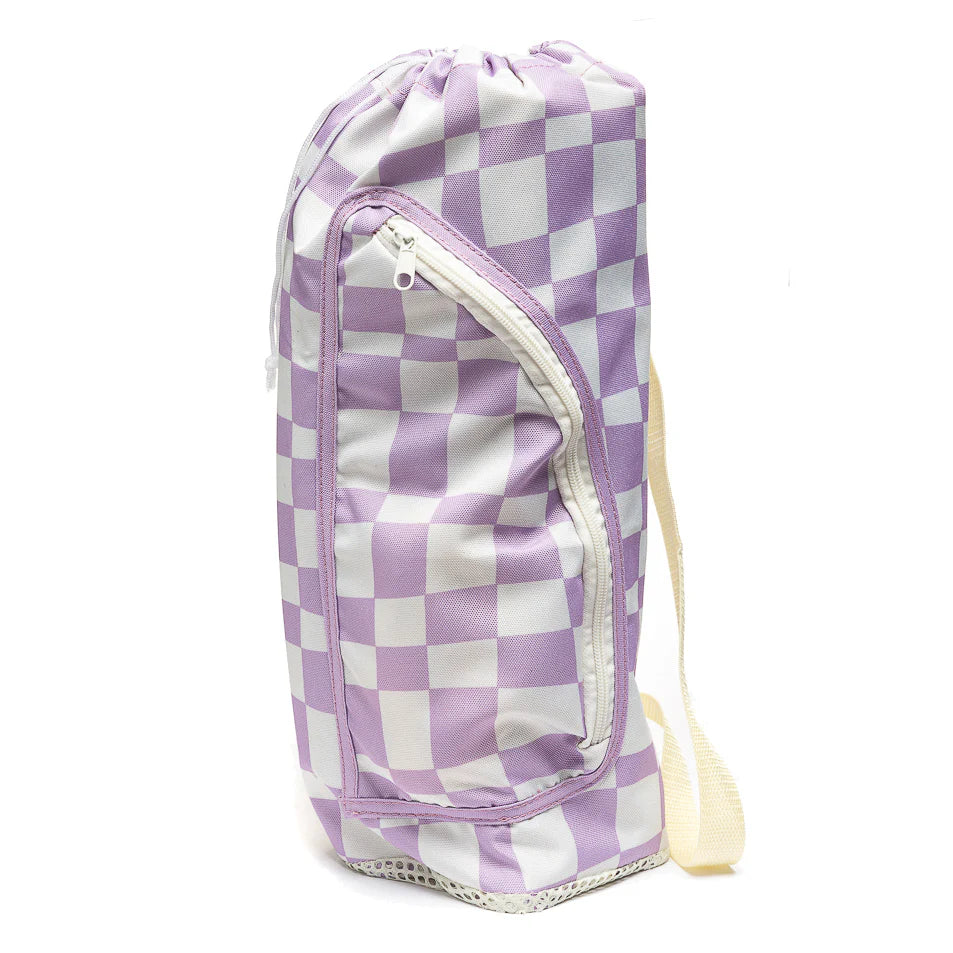 Foldable carry bag for the Izimini Ava Baby Chair in lilac check pattern with shoulder strap.