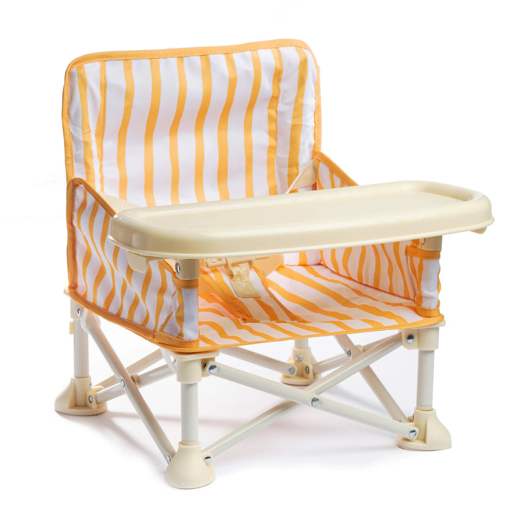 Izimini Brighton Baby Chair with yellow and white stripes and a detachable tray on a white background.