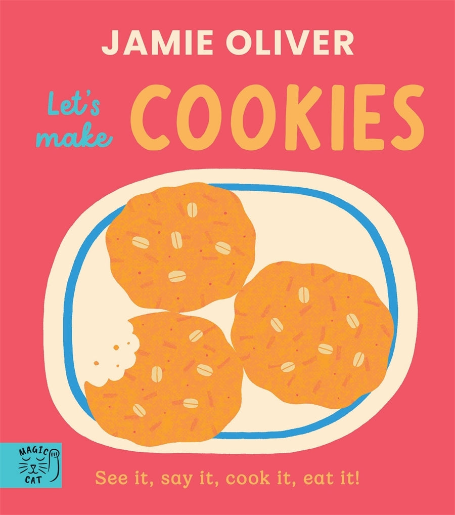 Book cover of 'Let's Make Cookies' by Jamie Oliver with cookies on a plate against a pink background.