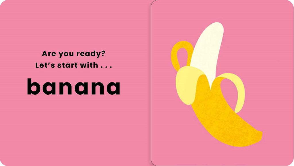 Pink card with a banana illustration and text asking if you're ready to start with 'banana'.