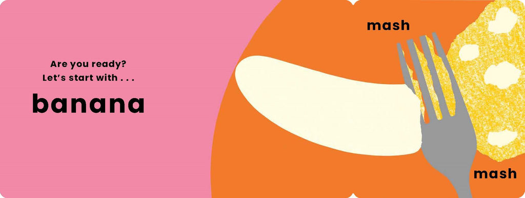 Illustration of a banana with a fork and text on a pink and orange background