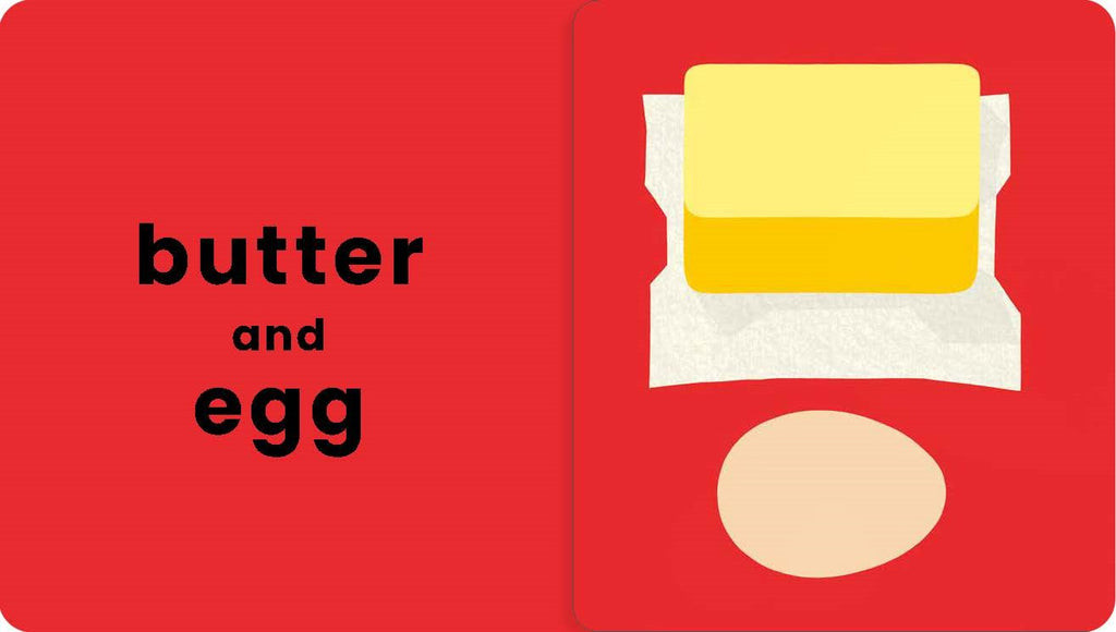 Card with a stick of butter and an egg on a red background
