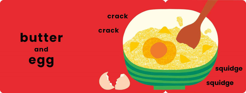 Illustration of a bowl with an egg and a wooden spoon on a red background with text.
