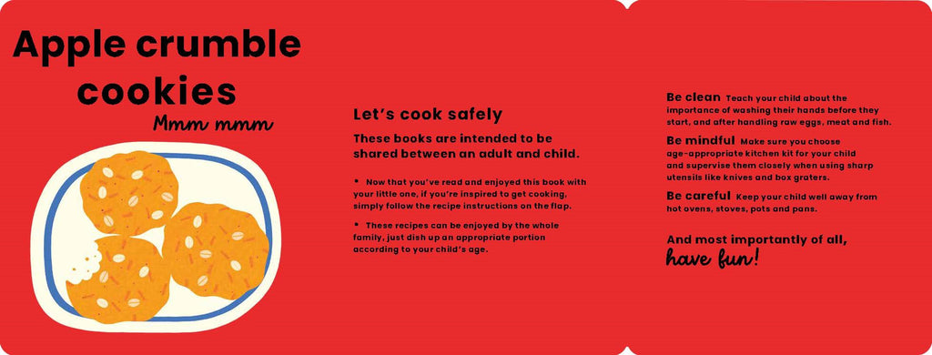 Booklet with apple crumble cookies illustration and safety guidelines on a red background