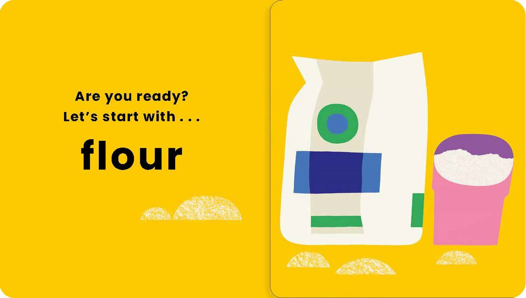 Promotional graphic for flour with a yellow background, text, and illustrations of a flour bag and measuring cup.