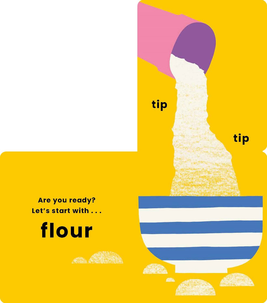Illustration of flour being tipped into a striped bowl with text on a yellow background