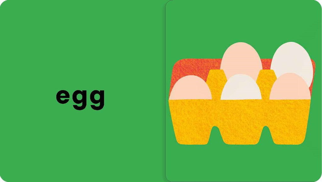 Card with an illustration of eggs in a carton and the word 'egg' on a green background
