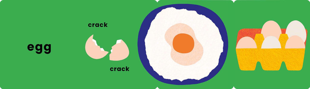 Illustration of an egg, cracked egg, and carton of eggs on a green background