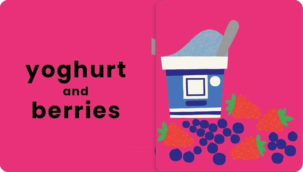 Illustration of a yogurt container with berries on a pink background, labeled 'yoghurt and berries'.