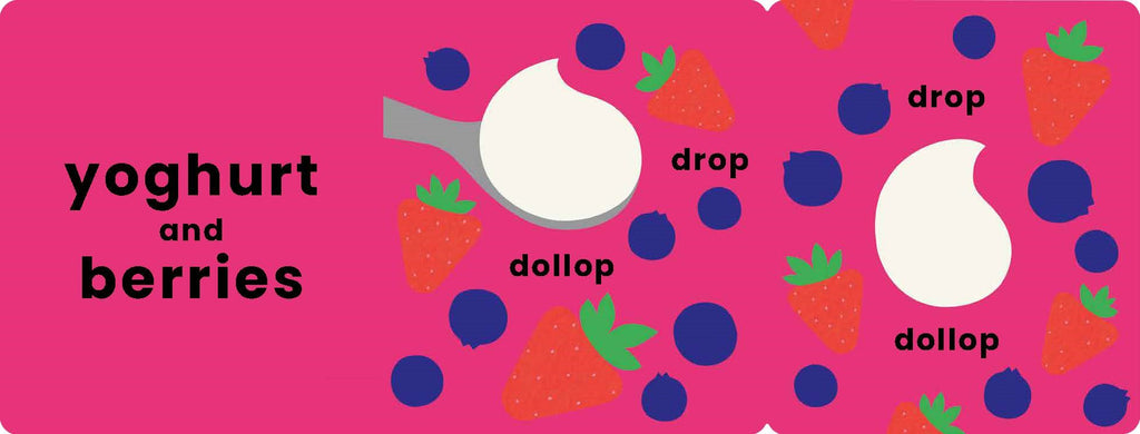 Yoghurt and berries packaging with blueberries, strawberries, and a spoon on a pink background.