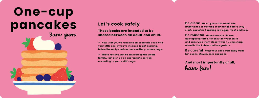 Booklet with instructions on making one-cup pancakes, featuring a colorful illustration of pancakes on a pink background.