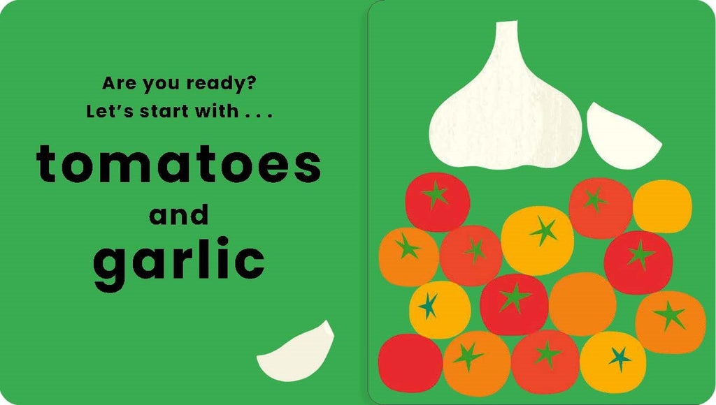 Card with tomatoes and garlic illustration on a green background