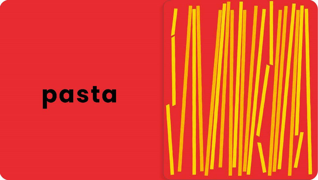 Red card with yellow pasta and black 'pasta' text