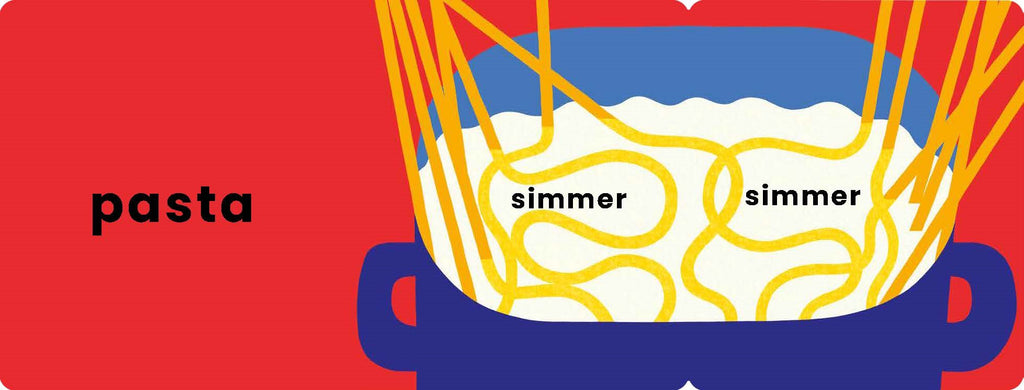 Card with illustration of pasta cooking in a pot labeled 'simmer' on a red background