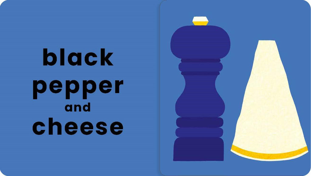 Illustration of a pepper grinder and cheese shaker with text 'black pepper and cheese' on a blue background.