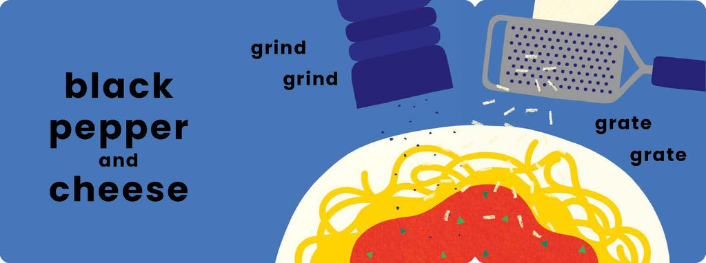 Illustration of spaghetti with black pepper and cheese, showing a grater and pepper grinder on a blue background.