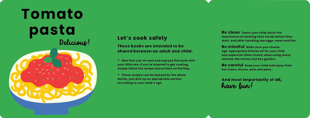 Booklet cover with tomato pasta illustration and safety guidelines on a green background