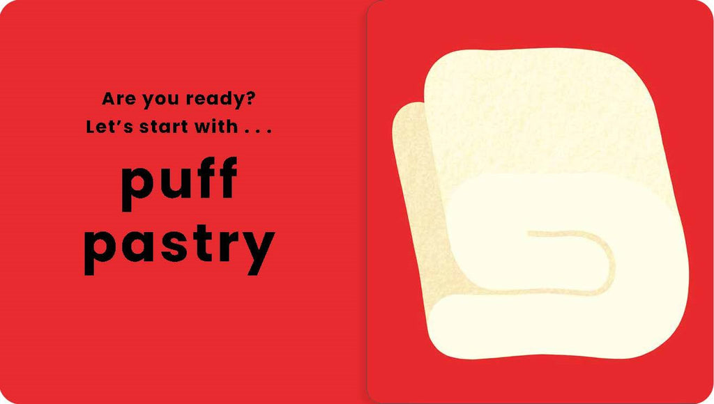 Red card with puff pastry illustration and text on a red background