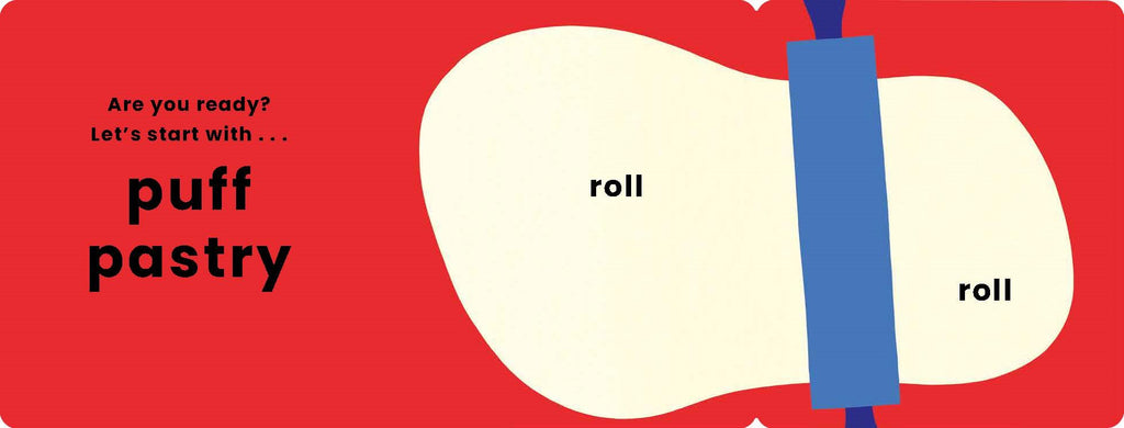 Illustration of puff pastry being rolled with text on a red background