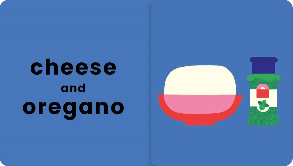Illustration of cheese and oregano with text on a blue background