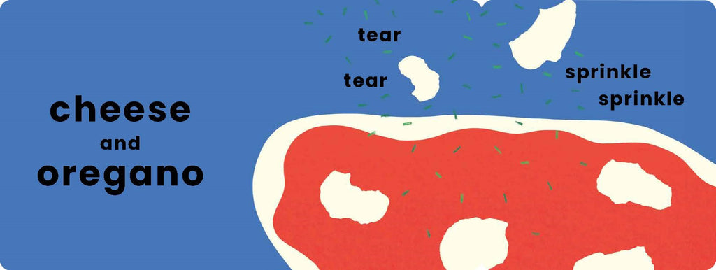 Illustration of a pizza with text indicating toppings on a blue background