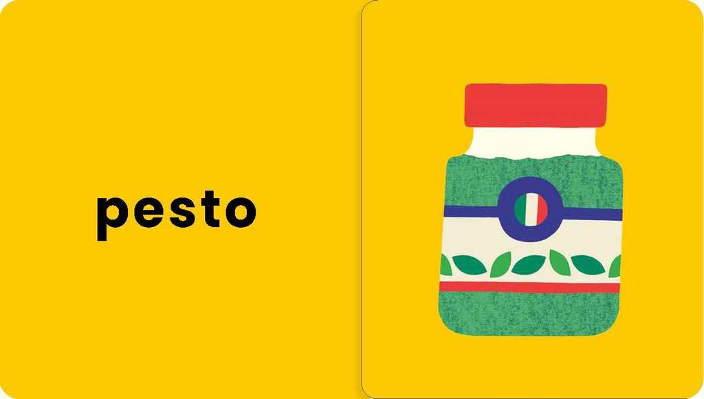 Illustration of a pesto jar on a yellow background with the word 'pesto' below it.