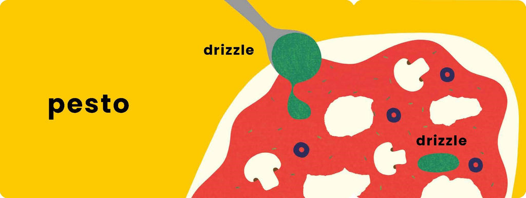 Illustration of a pizza with pesto drizzle on a yellow background