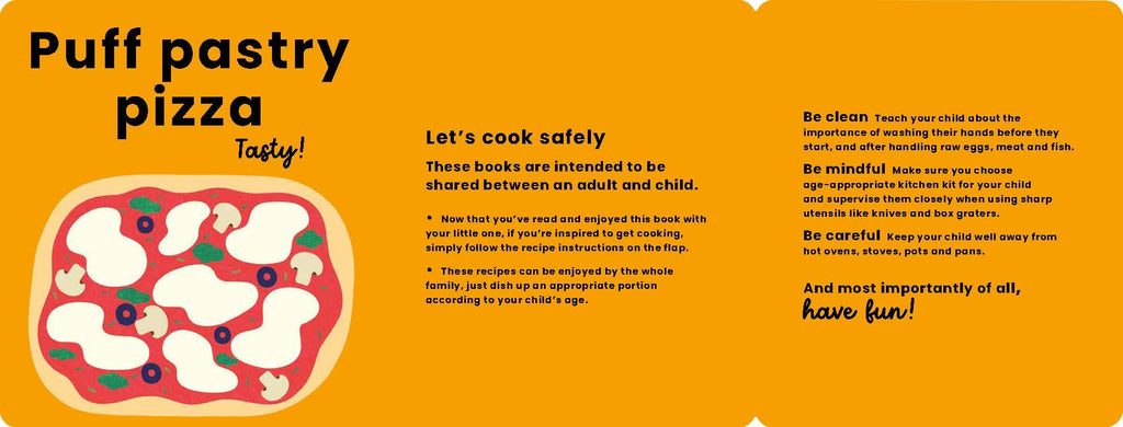 Instructional page about puff pastry pizza with safety guidelines on a yellow background